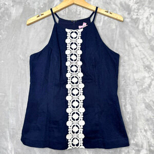 Lilly Pulitzer Navy Blue Halter Tank with White Crochet Trim
